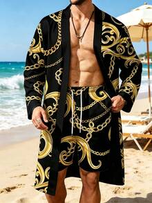 Plus-Size Men's Baroque Chain Print Long Shawl Casual Suit, Made Of 100% Polyester, Featuring A Luxurious Golden Swirl Pattern Kimono-Style Cardigan - Mixed Colors - View 3