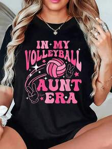 Camiseta gráfica para mujeres "In My Volleyball Auntie Era" - Negra con letras rosas, mezcla elástica de poliéster y spandex, camiseta casual de manga corta y cuello redondo, lavable a máquina, ajuste regular para primavera, verano y otoño - Negro - Ver 8