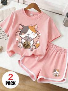 2pcs/Set Girls Casual Outfit, Round Neck Short Sleeve Top + Sports Shorts, Cat Drinking Milk Tea Print, Suitable For Summer Wear - Multicolor - View 1