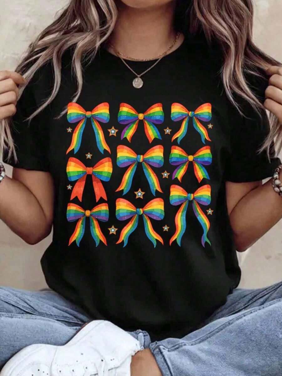 Camiseta con Estampado de Arcoíris para Mujer, Manga Corta Casual, Ropa para Fiesta Pride, Unisex, Streetwear, Camiseta Gráfica de Moda, Atuendo de Verano, 220g - Negro - Ver 1