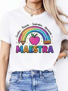 Camiseta Casual para Mujer con Diseño Gráfico de Maestra, Colorida con Diseño de Manzana Arcoíris, Manga Corta, Cuello Redondo, Suave, Perfecta para Primavera y Verano - Blanco - Ver 7
