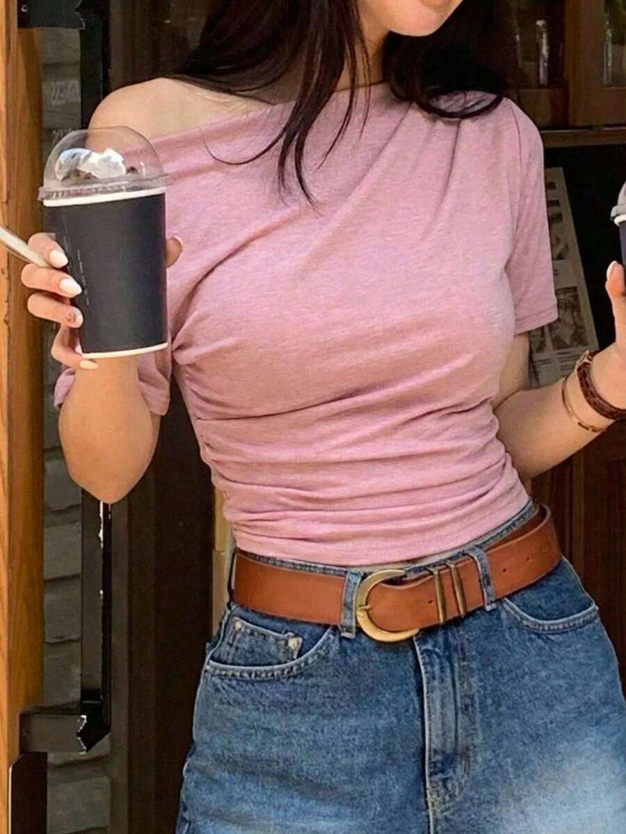 Camiseta blanca de manga corta de ajuste ceñido con cuello oblicuo de unicolor para mujer, top de verano para salir - Rosa - Ver 1