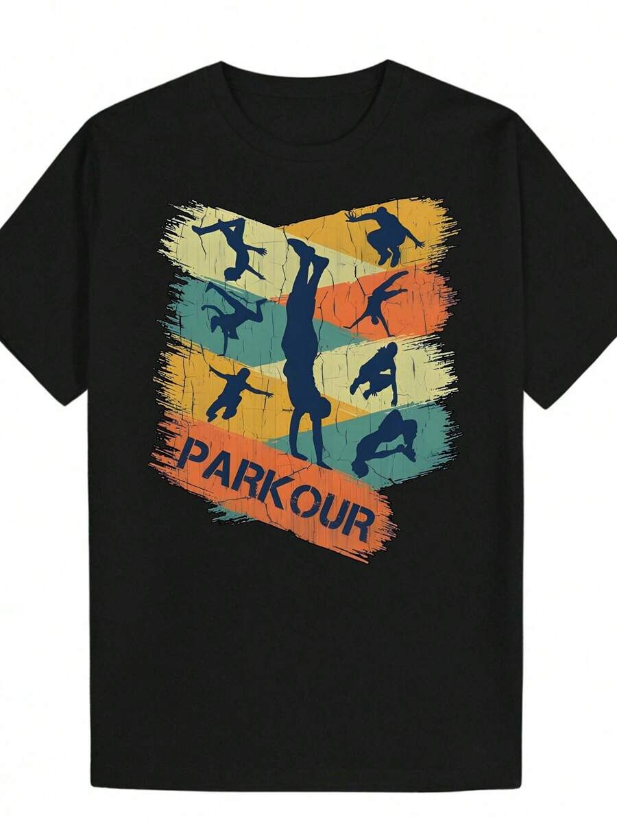 Lightweight Summer T-Shirt With A Colorful Parkour Silhouette Design And The Word 'PARKOUR' On A Black Background, Perfect For Casual Wear And Made From Breathable Fabric. A Short-Sleeved T-Shirt Suitable For Home, Everyday Wear, Parties, And Travel, Ideal As A Gift For Friends Or Family. - 黑色 - 查看 1