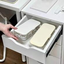 1pc Minimalist Style Cable Organizer Box Upper Layer With Multi-Grid Compartments Lower Layer With Large Storage Space Flip Lid Dustproof Design Cream White Border Cable Storage Dustproof & Dirt-Resistant Desk Organization Divided Storage - White - View 10