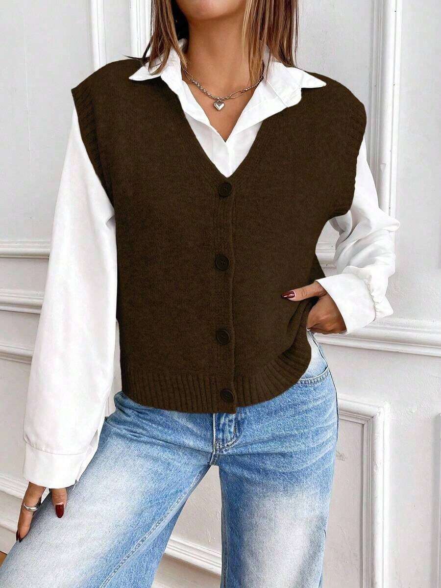 Chaleco de punto de color sólido, informal, de botonadura sencilla para mujer, otoño - Marrón Chocolate - Ver 1