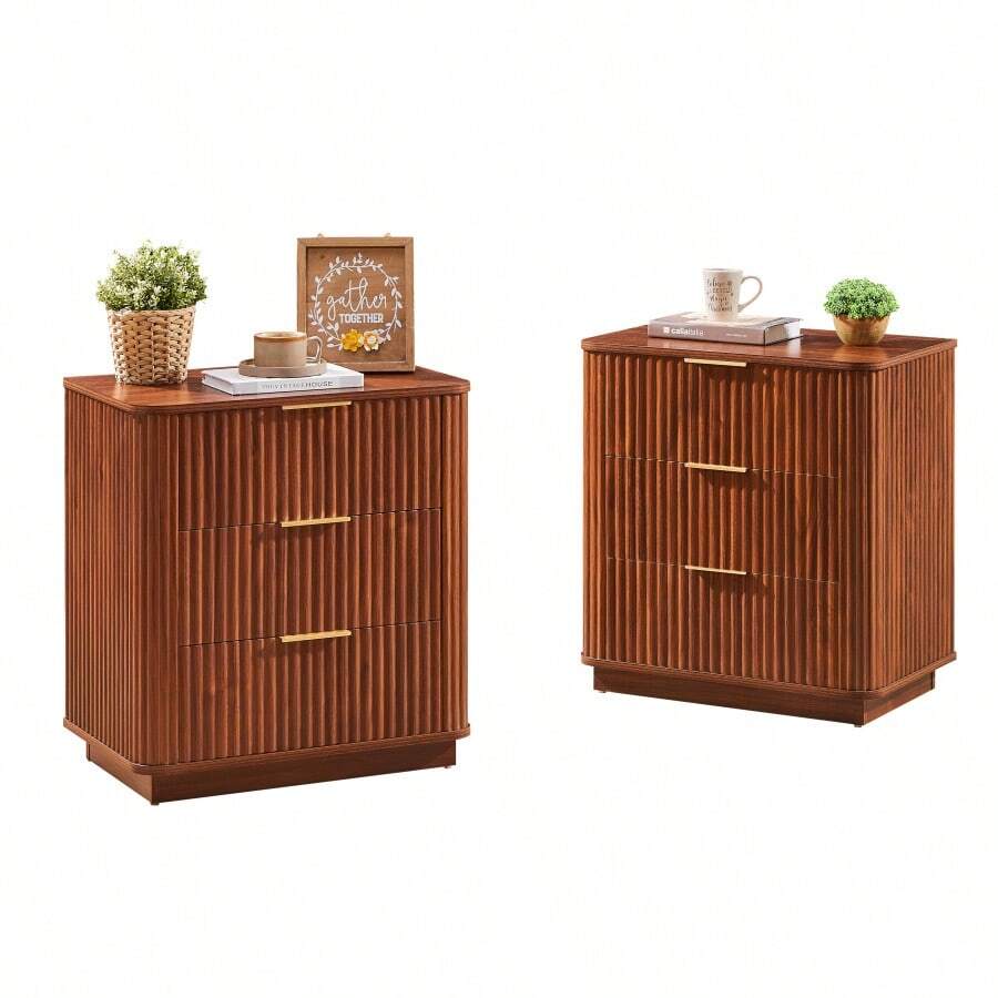 3 Drawers Nightstand Set Of 2 23.6'' Wide Modern Chest Of Drawers Curved Wave Design Nightstand Wood Drawer Organizer For Bedroom Living Room Hallway Walnut 23.6''W X 15''D X 25.2''H. - 3抽屜+胡桃木+2件裝1 - 查看 1