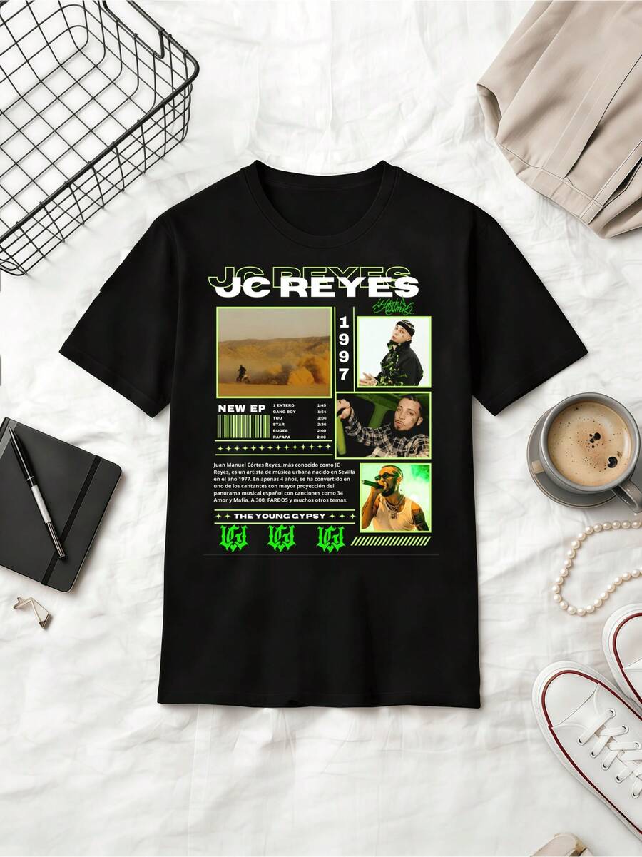 Spanish Rapper JC Reyes Desert & Motorcycle Album Style Cotton T-Shirt - Black - View 1