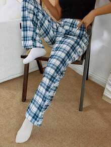 Pantalones de estar por casa rectos de cintura elástica con estampado de cuadros para mujer, para invierno - Multicolor 2 - Ver 6