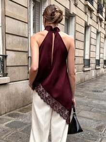 Blusa de unicolor con cuello halter, recorte de encaje asimétrico y empalme, camisa elegante para el verano - Burdeos - Ver 2