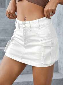 Minifalda de tela vaquera de tiro bajo, de moda para el verano - Blanco - Ver 4
