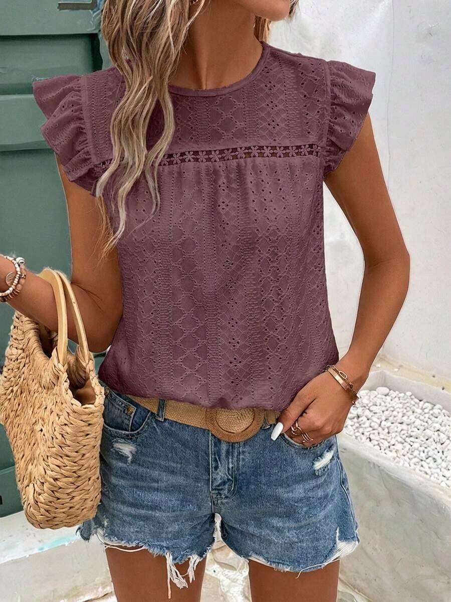 Frenchy Camiseta con cuello redondo y adorno de encaje con volantes y bordado de ojal - Lila Púrpura - Ver 1