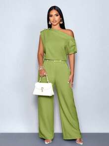 Blusa elegante de un solo hombro con botones metálicos, sin mangas, de unicolor, para uso en la oficina, citas, eventos y uso diario modesto - Verde - Ver 3