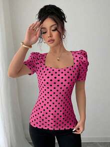 Camiseta casual de mujer, elegante y sexy, de manga corta, cuello joya, mangas abullonadas, puños fruncidos, estampado de lunares blancos y negros, silueta ajustada, adecuada para vacaciones - Multicolor 3 - Ver 6