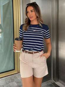 PariChic Camiseta casual de mujer a rayas, camisetas gráficas versátiles para mujer - Azul marino - Ver 1