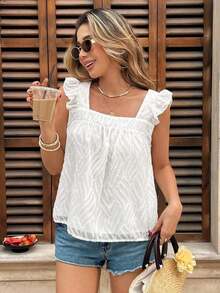 Blusa de mujer con cuello cuadrado y mangas cortas con estampado de lunares - Blanco - Ver 3