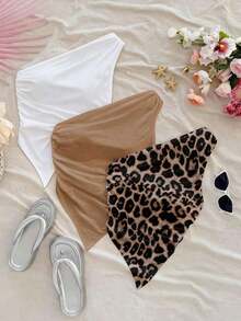 Set de 3 blusas de mujer con hombros descubiertos y bajo asimétrico en estampado de leopardo en rojo y negro, inspiradas en el estilo de vacaciones, adecuadas para el verano y la playa - Multicolor 10 - Ver 8