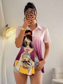 Blusa de mujer con estampado de chica de moda, manga corta y abotonadura, top de manga corta - Multicolor 2 - Ver 6