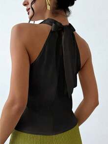 Blusa de mujer simple y elegante en tono albaricoque con cuello en V y corbata en la cintura. - Negro - Ver 2