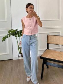 Chaqueta ajustada sin mangas de cuello redondo de unicolor para mujer, primavera y verano - Rosa 2 - Ver 3
