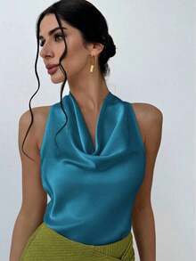 1 pieza Blusa de mujer con cuello de lazo en color albaricoque, minimalista y elegante, top sin mangas - Agua verde azul - Ver 1
