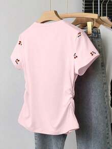 lanzamiento de verano, top corto versátil y casual con estampado de limón dulce, camiseta ajustada a la cintura para mujer, diseño cómodo, adecuado para uso diario, al aire libre, compras - Rosa - Ver 2