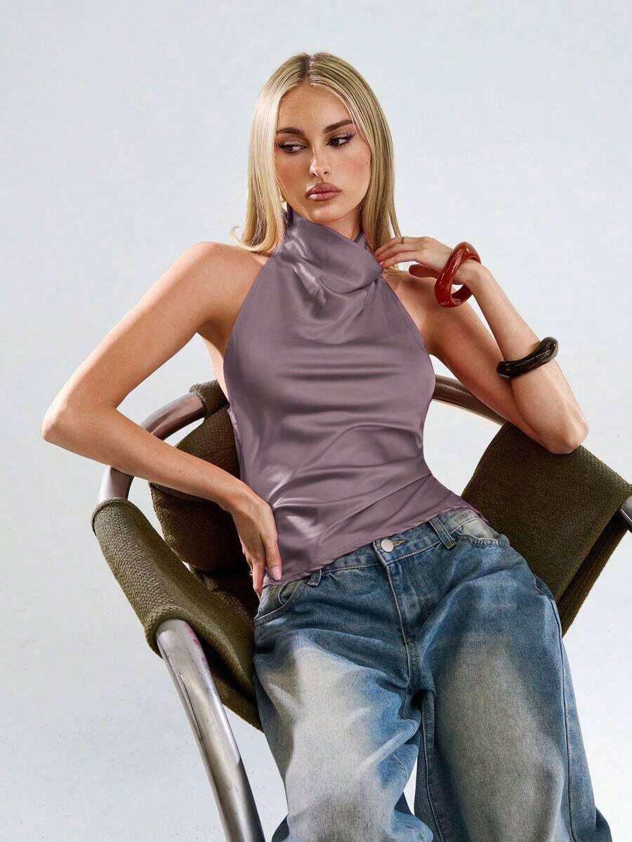 Un top rojo, brillante, sin cuello, con espalda descubierta, elegante, formal, lujoso, elegante, para ocasiones como otoño, invierno, Navidad, Año Nuevo, salidas, graduación, baile de graduación, cumpleaños, oficina, conciertos de country, club, - Púrpura malva - Ver 1