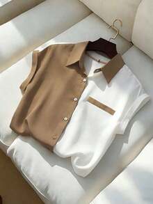 Blusa elegante de manga corta con bloques de color para mujer, verano - Blanco - Ver 6