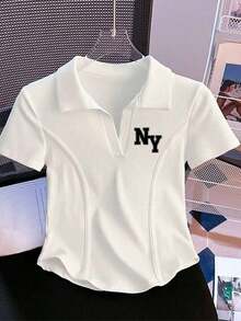Camiseta de mujer casual de manga corta con cuello polo, estampado de caballero a rayas y contraste de color - Blanco 2 - Ver 7