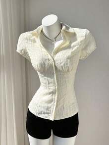 Camisa de mujer con cuello en V, cintura fruncida y manga corta, color blanco, para primavera/verano - Blanco 2 - Ver 3
