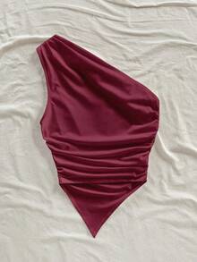 Blusa casual de unicolor con hombros oblicuos y ajustada, apropiada para el verano - Multicolor 4 - Ver 2