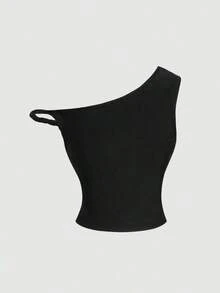 Top casual de tirantes con estampado de letras y frutas, ajuste ceñido para mujer - Negro 2 - Ver 2
