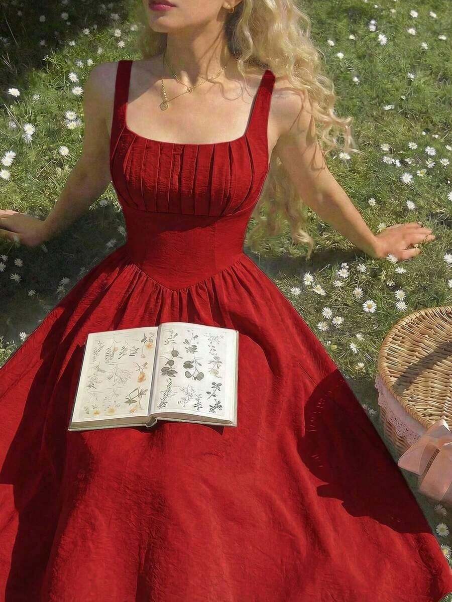 Vestido elegante de longitud media sin mangas con diseño de cintura plisada y unicolor para mujer - Rojo - Ver 1