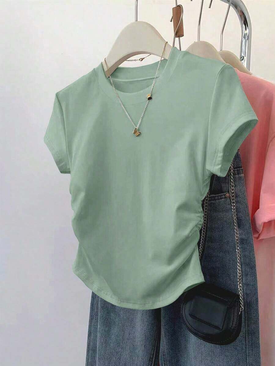 Ropa exterior para mujer, nueva llegada de verano, camiseta ajustada con pliegues, estilo elegante y versátil, fotografía de calle, imprescindible, temporada de vuelta al colegio, 100% llamativa, camiseta de mujer de manga corta para verano - Verde - Ver 1