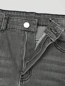 Explorewe Jeans de mezclilla estilo Y2K versátiles lavados y desgastados con pierna acampanada y elásticos para niñas adolescentes - Gris Claro - Ver 6