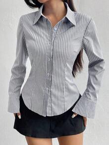Camisa de manga larga casual a rayas que ciñe la cintura, apta para primavera/verano/otoño, tops de manga larga - Multicolor 7 - Ver 7