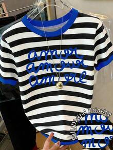 Camiseta de mujer de manga corta, cuello redondo, estampado de letras y rayas, informal, para verano - Multicolor 7 - Ver 1