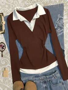 Blusa casual de manga larga con cuello de contraste y diseño 2 en 1 para mujer - Marrón - Ver 4