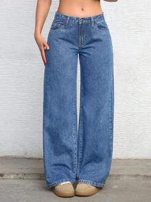 ICON Solid Color Wide Leg Pocket Jeans, Casual And Versatile - Medium Wash Blue 5 - View 1