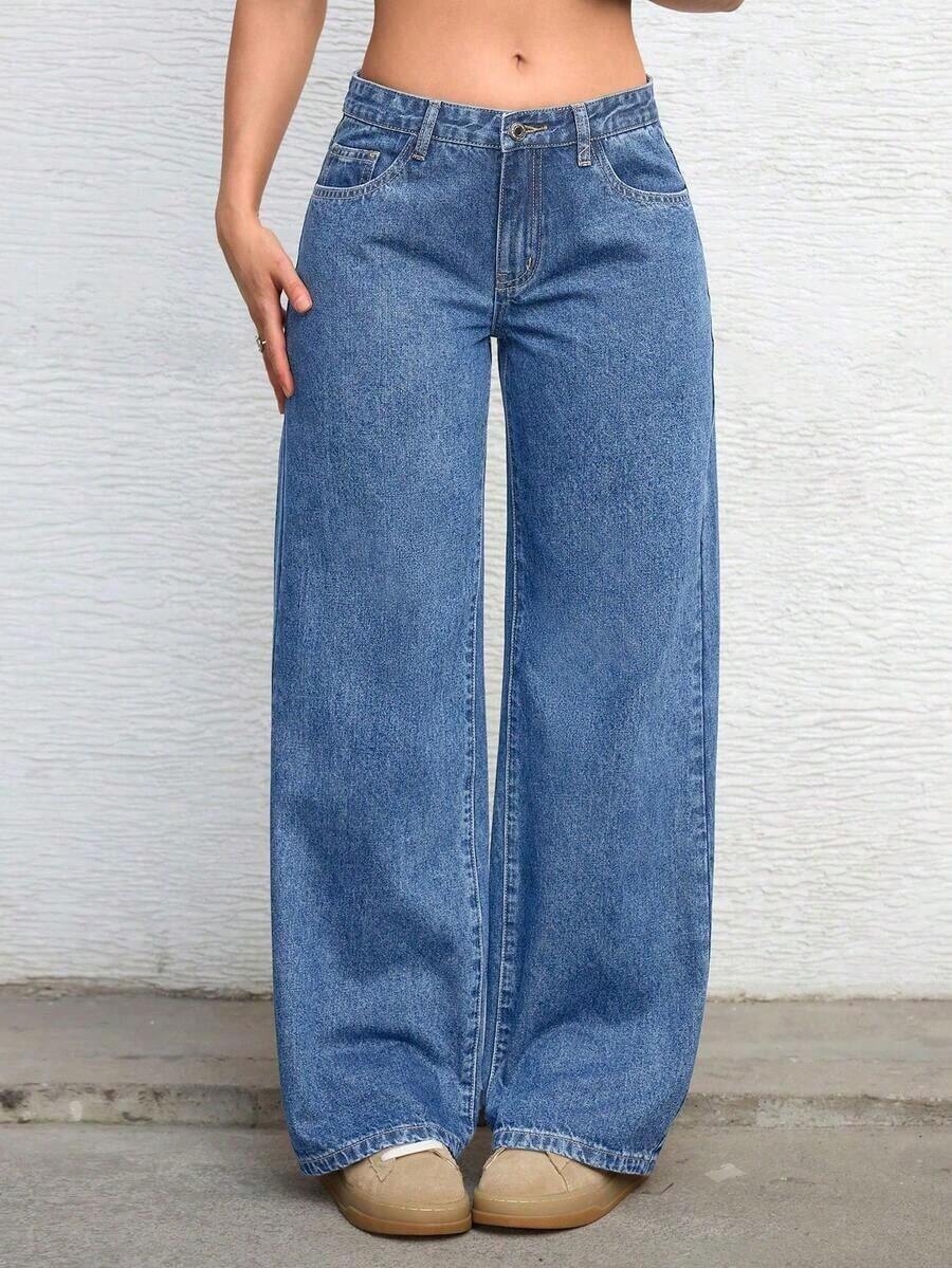 ICON Solid Color Wide Leg Pocket Jeans, Casual And Versatile - Medium Wash Blue 5 - View 1