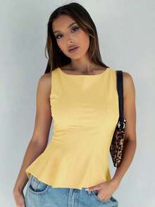 1 pieza Blusa de punto con volantes en el bajo, Uso casual de verano en color rosa - amarillo ganso - Ver 6