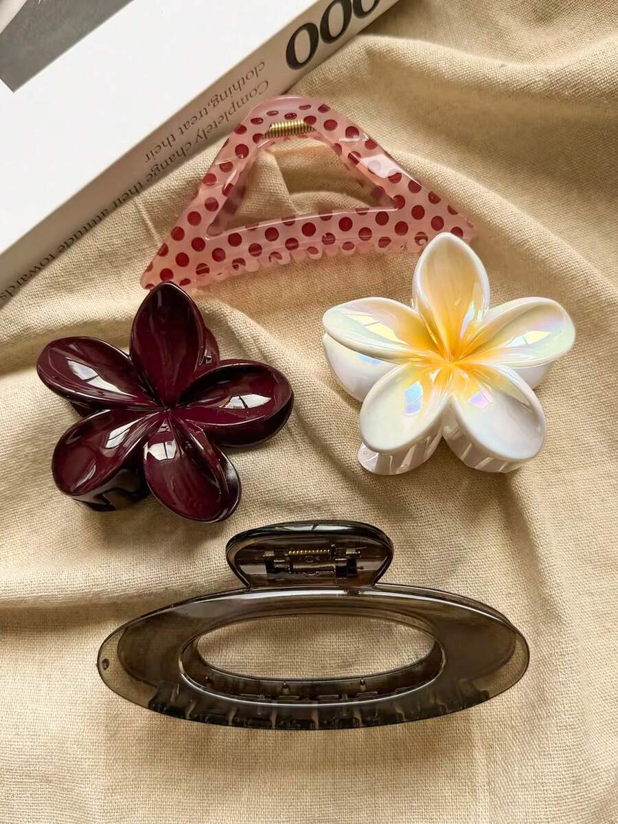 4件/1件裝 女款 8.2cm/3.23in 粉色圓點三角、茶色橢圓、酒紅、白色花形大號髮夾,輕量塑料髮抓,適合厚髮,精緻情侶髮飾,適用於日常、出遊、休閒、派對、通勤、海灘、度假、馬尾、盤髮、洗臉、洗澡、化妝、搭配衣著、髮型設計 - 彩色 - 查看 1