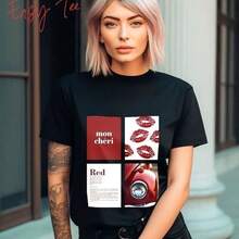 Camiseta de algodón de manga corta con estampado de estilo europeo y americano, moderna, vintage y versátil para el verano. - Negro - Ver 1