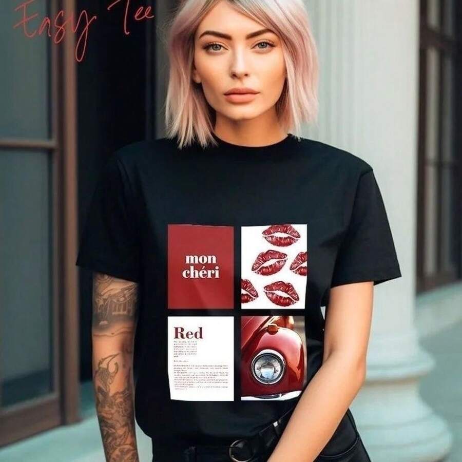 Camiseta de algodón de manga corta con estampado de estilo europeo y americano, moderna, vintage y versátil para el verano. - Negro - Ver 1