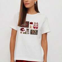 Top de mujer versátil, holgado, de manga corta, con estampado retro, elegante, de algodón, personalizado, de estilo europeo y americano, novedad de verano 2026. - Blanco - Ver 4