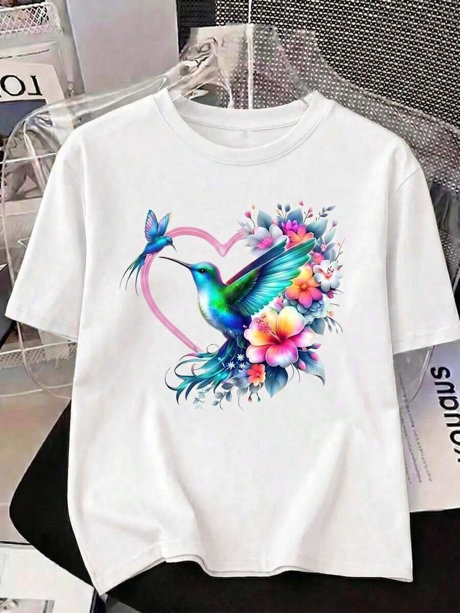 100% cotton Camisa de manga corta casual con cuello redondo para damas, con estampado de colibríes y flores en forma de corazón, de longitud normal - Blanco - Ver 1