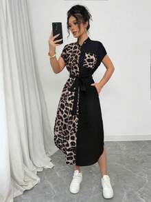 Vestido largo de manga corta para verano 2025, nuevo, con bolsillo, abertura lateral, cinturón y lazo, estampado de leopardo, para uso casual y de viaje - Multicolor - Ver 5