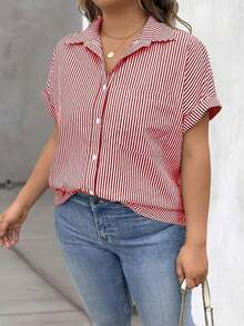 Vionelle Blusa casual de talla grande para mujer con estampado de rayas azul y blanco, de manga corta y abotonada, para el verano - Rojo - Ver 5