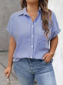 Vionelle Blusa casual de talla grande para mujer con estampado de rayas azul y blanco, de manga corta y abotonada, para el verano - Azul y blanco - Ver 7