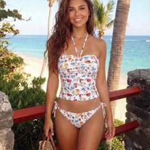 MOD 2pcs/Set Halter Neck Ruffled Floral Print Top With Side Tie Triangle Bottom Swimsuit,Tank Tops, Cute, Kawaii - Multicolor - Ver 1