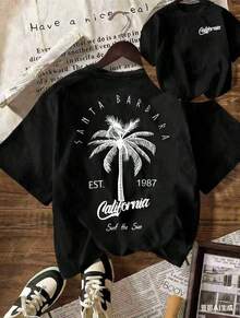 Camiseta Casual de Manga Corta con Cuello Redondo para Mujer "Vacaciones de Verano en la Playa de California" con Diseño de Cocotero, Nueva Camiseta Elegante, vestidos de graduación - Negro - Ver 1